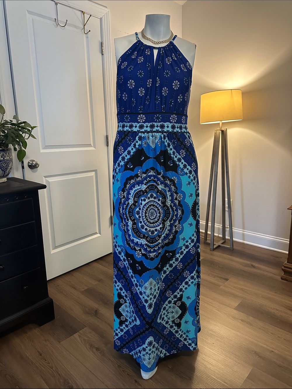 Blue Halter Maxi Dress with Geometric Medallion Print
